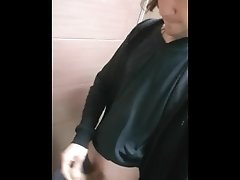 Long hair boy wank and cum in public toilet in shopping center